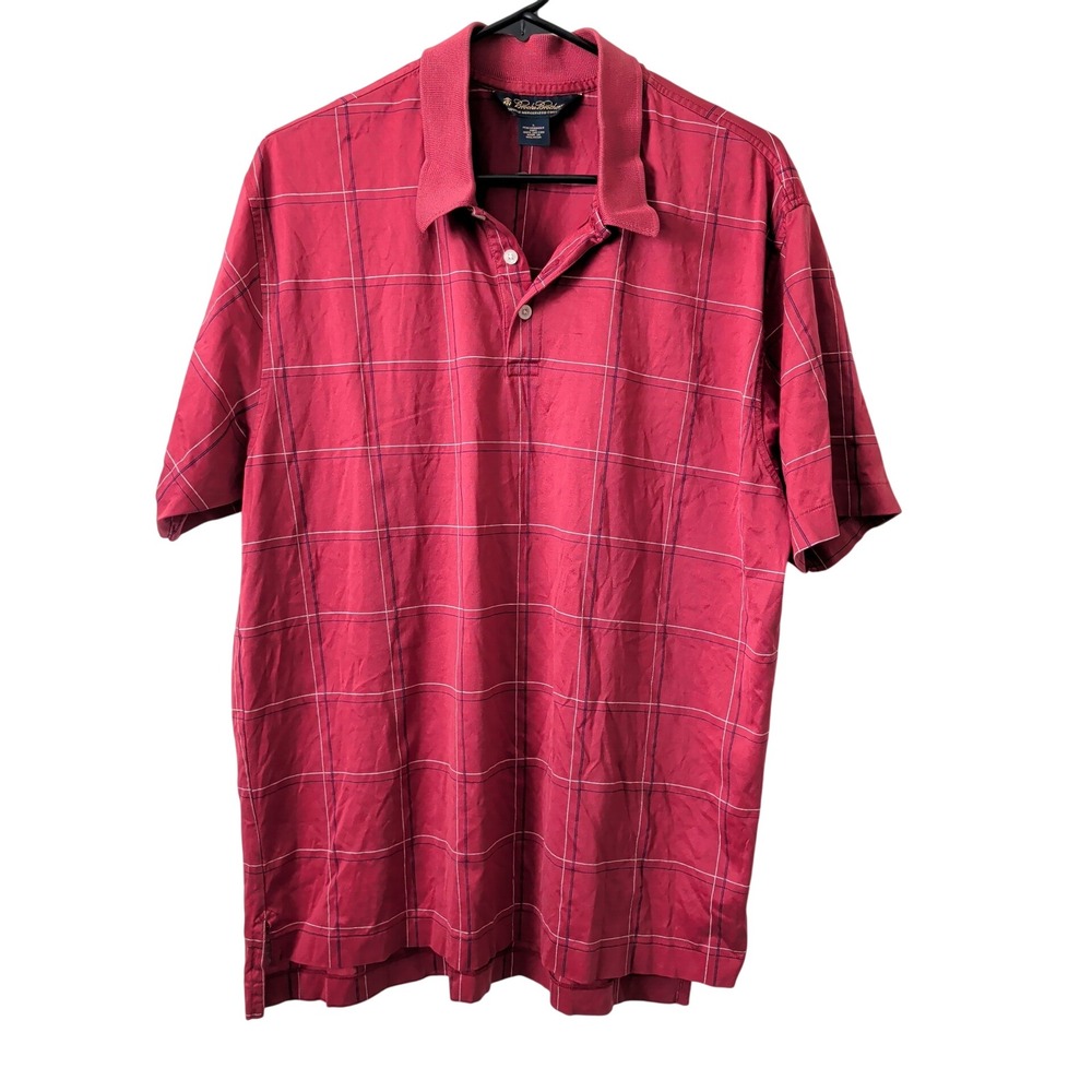 Brooks Brothers Red Windowpane Double Mercerized Cotton Polo Shirt Mens L
